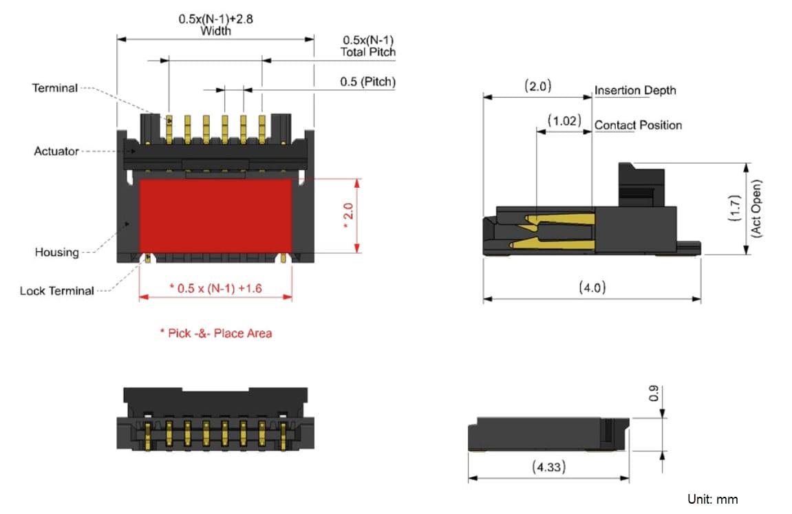 Plan mécanique - Molex Connecteur Flatlock à enclenchement facile FFC/connecteur FPC